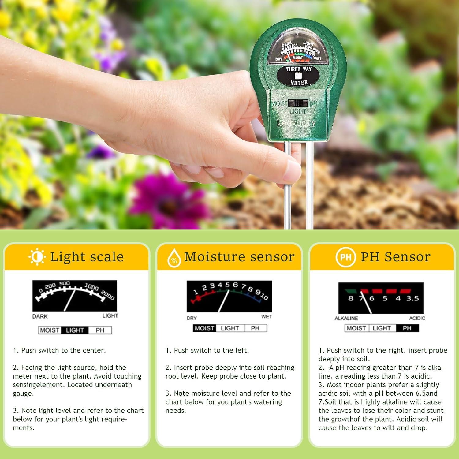 Kit de Prueba de Suelo 3-en-1 Kodvociy - Medidor de pH, Humedad y Luz