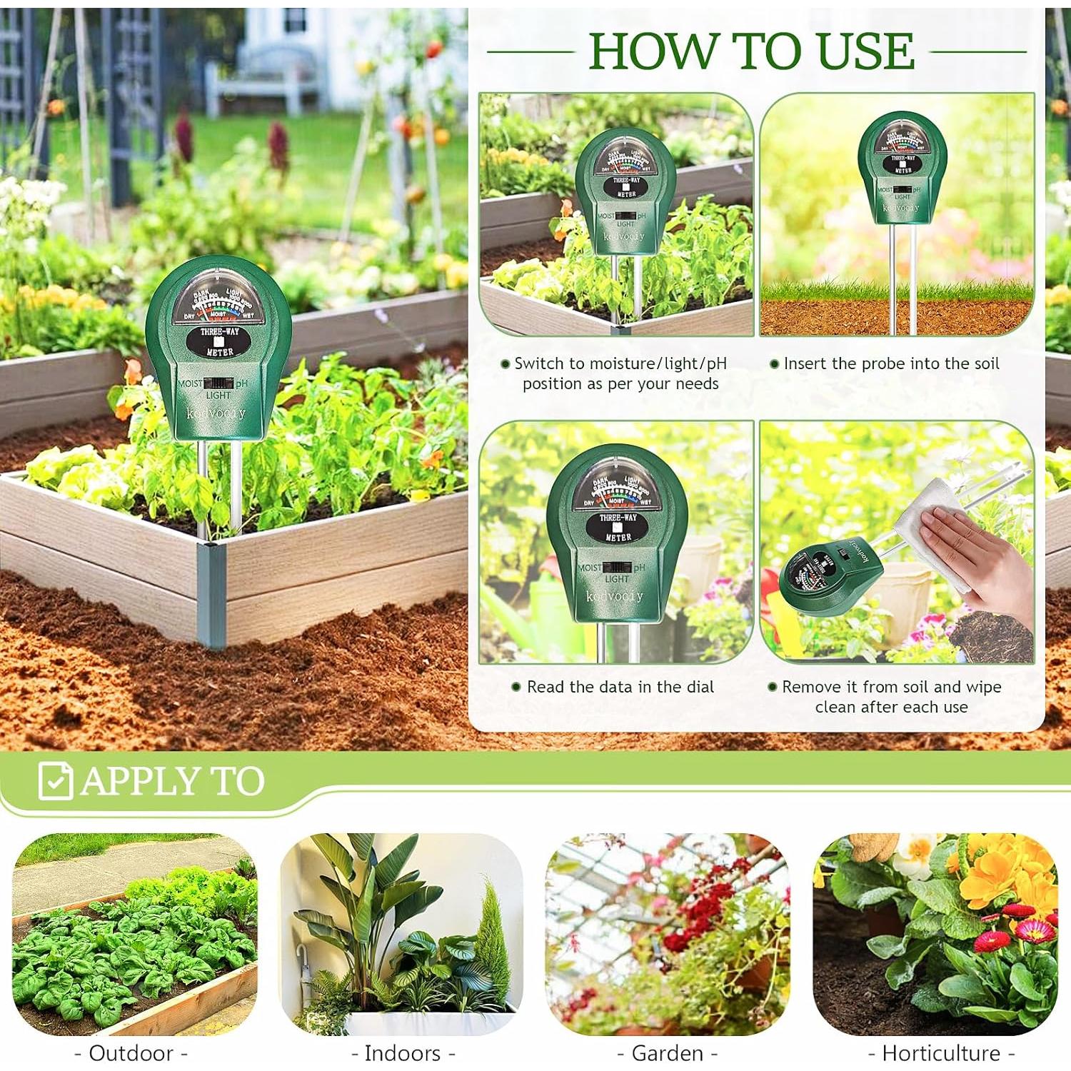 Kit de Prueba de Suelo 3-en-1 Kodvociy - Medidor de pH, Humedad y Luz