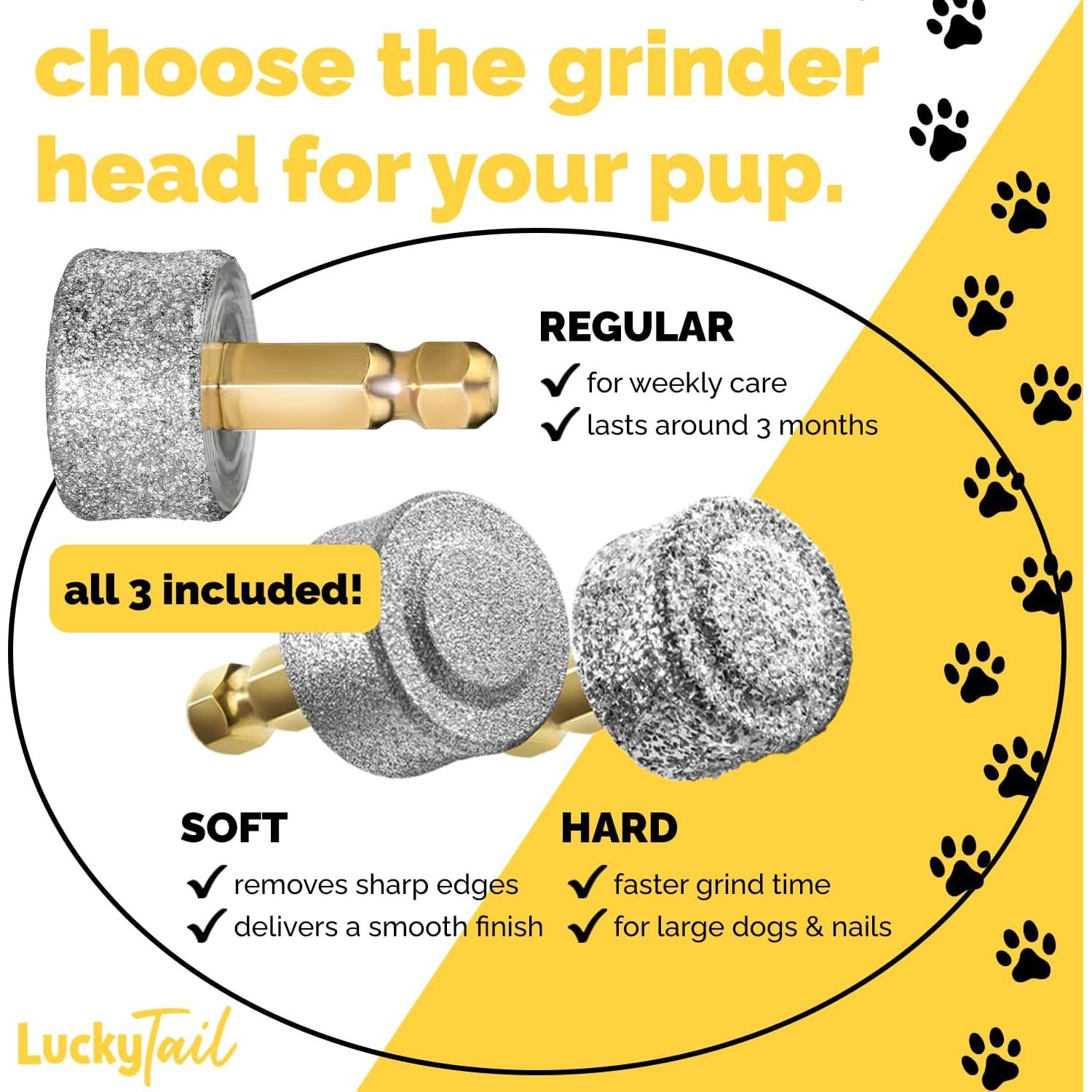 LuckyTail Amoladora de Uñas para Perros - Kit de 3 Cabezal Regular, Duro y Suave