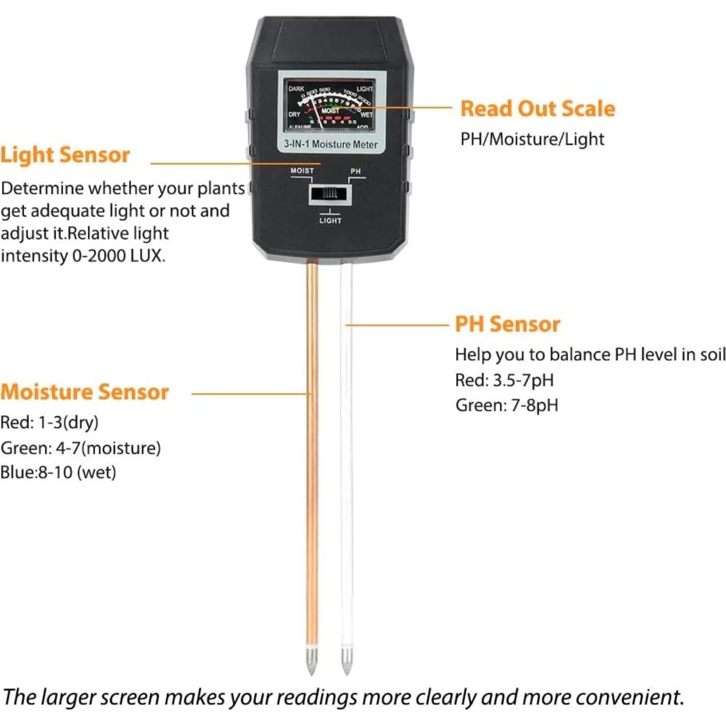 Medidor de Suelo 3-en-1 Altatac - pH, Humedad y Luz