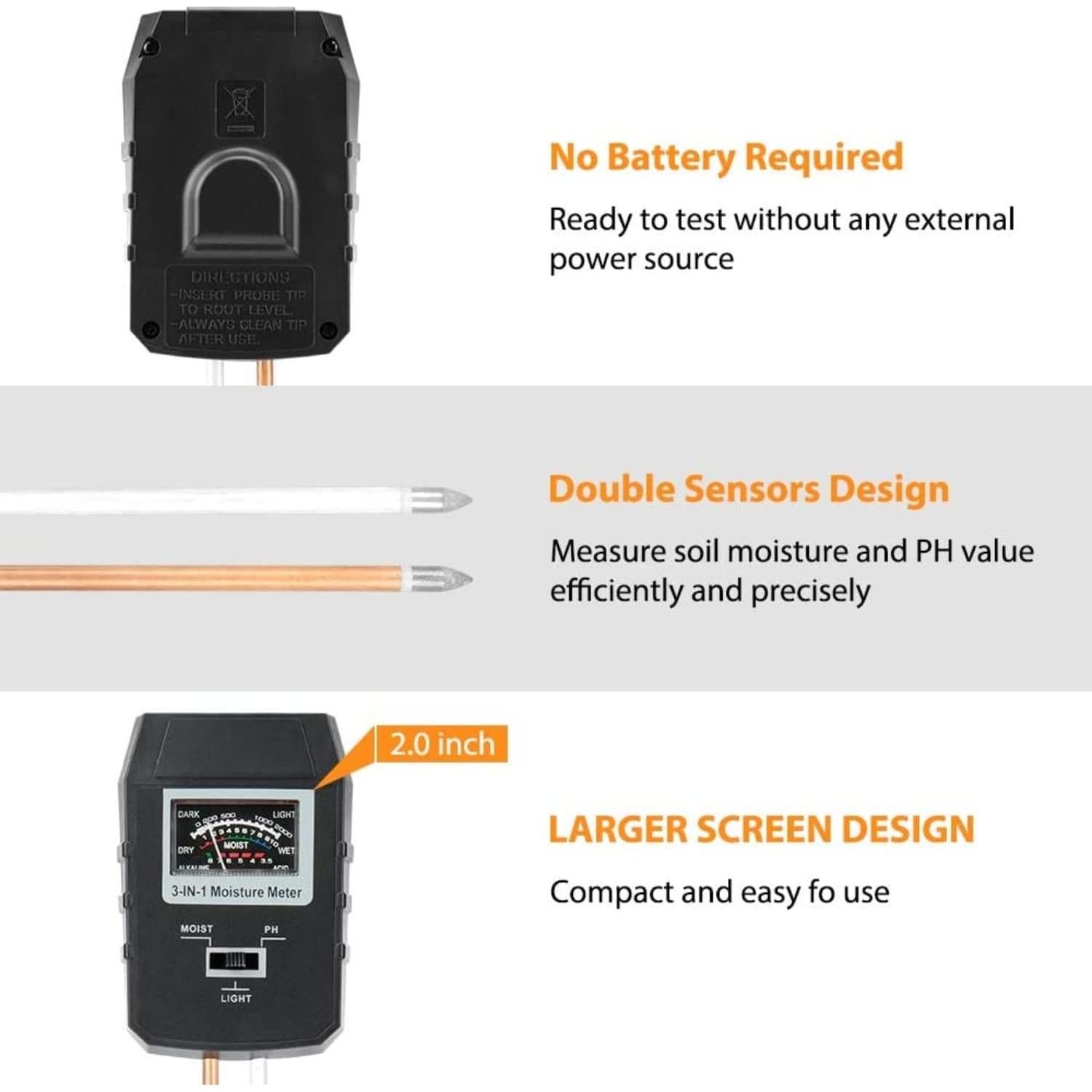 Medidor de Suelo 3-en-1 Altatac - pH, Humedad y Luz