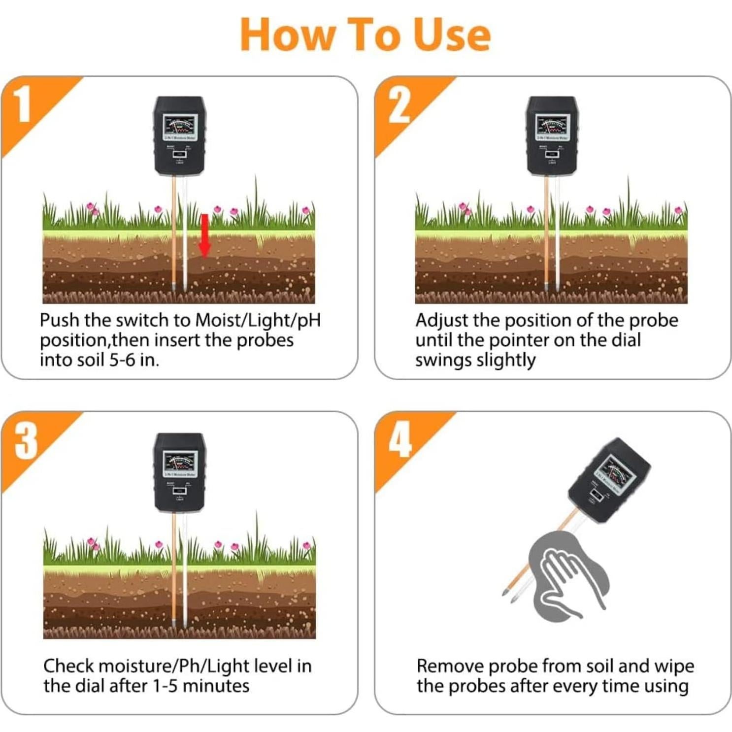 Medidor de Suelo 3-en-1 Altatac - pH, Humedad y Luz