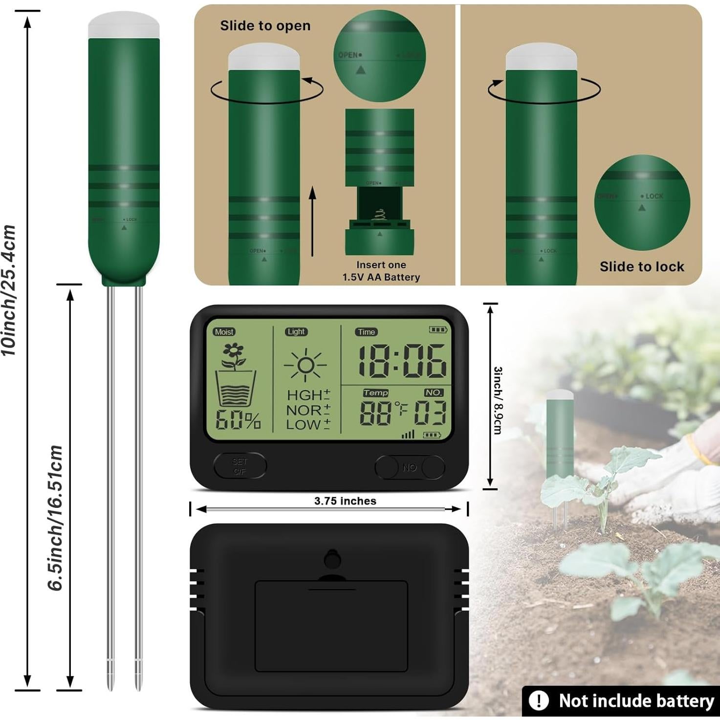 Medidor de Humedad del Suelo Inalámbrico KITHOUSE 4-en-1 LCD