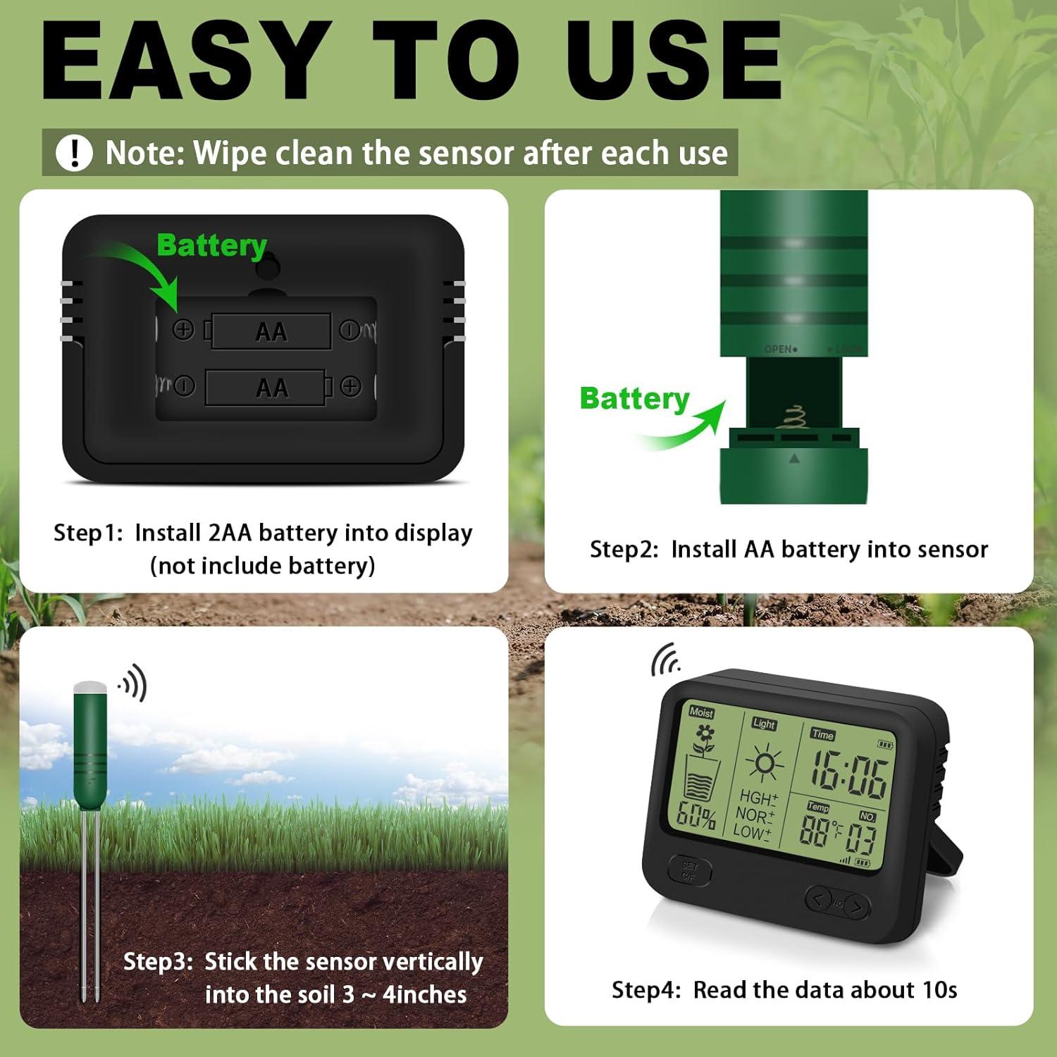 Medidor de Humedad del Suelo Inalámbrico KITHOUSE 4-en-1 LCD