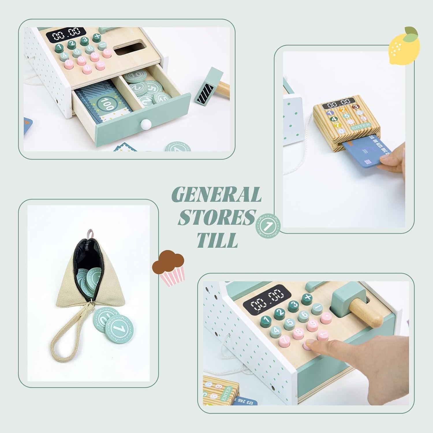 Registradora de Madera Masonbaby para Niños con Escáner y Monedas