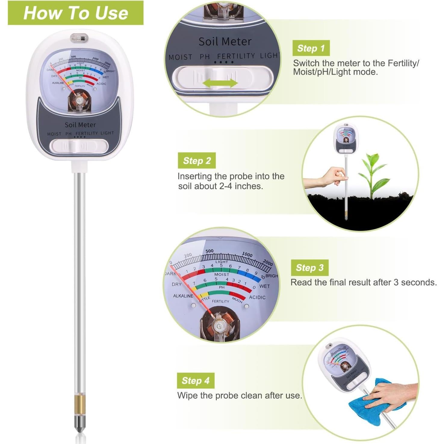 Kit de Prueba de Suelo 4-en-1 HSLGOVE - Medidor de pH, Humedad y Luz