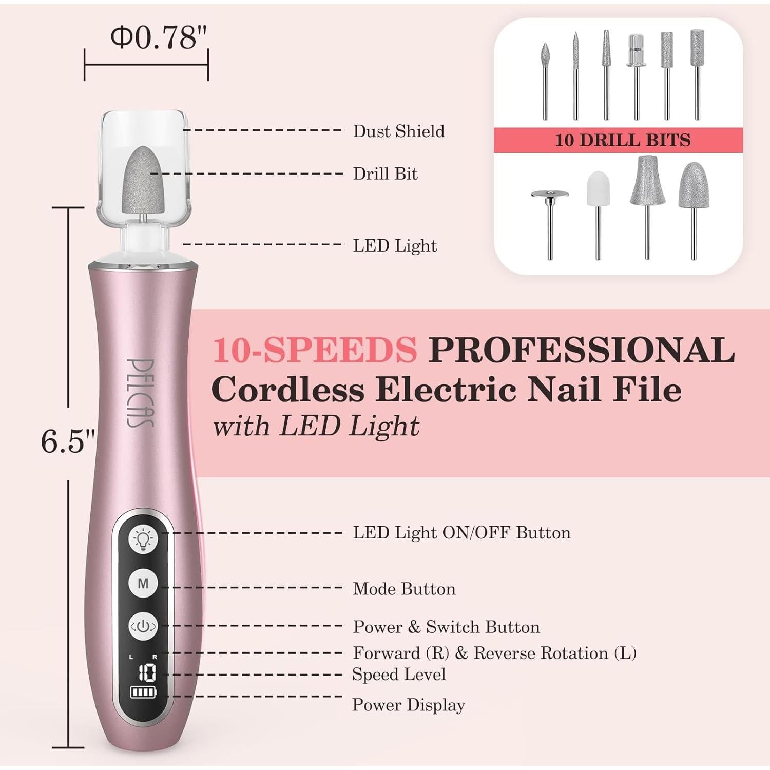 Lima de Uñas Eléctrica PELCAS Rosa, Inalámbrica 10 Velocidades