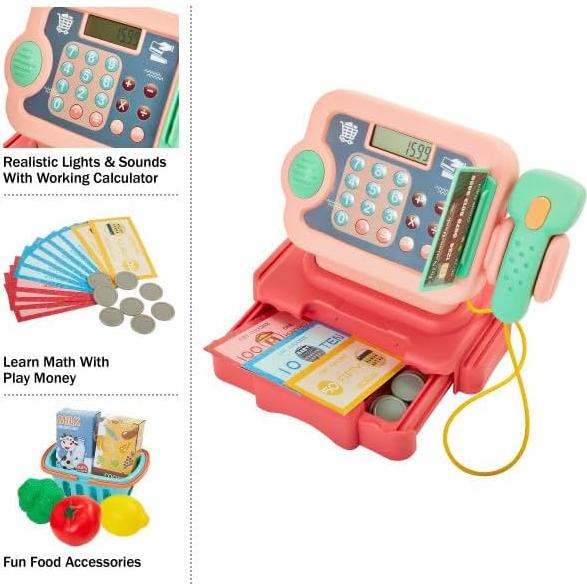 Caja Registradora de Juguete Hey Play Rosa con Sonidos y Accesorios