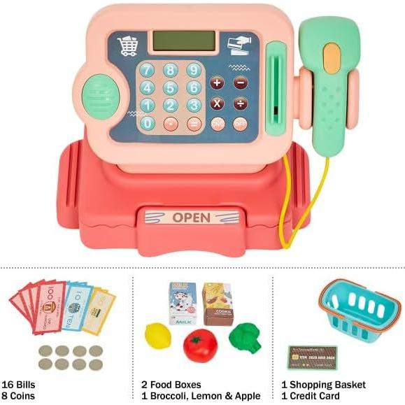 Caja Registradora de Juguete Hey Play Rosa con Sonidos y Accesorios