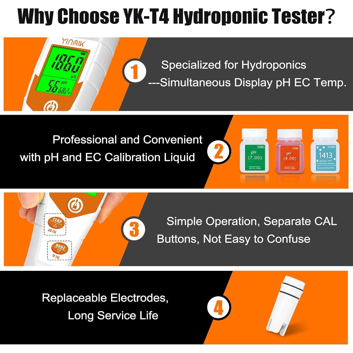 Medidor de pH 4 en 1 YINMIK con Calibración para Hidroponía