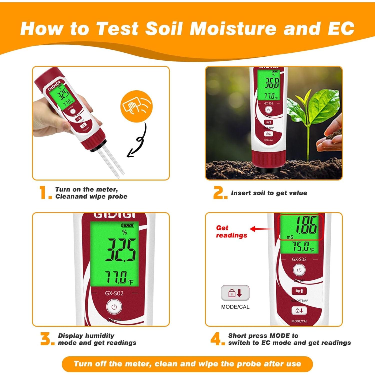 Medidor de Humedad del Suelo Digital 3 en 1 GIDIGI - EC, Temperatura