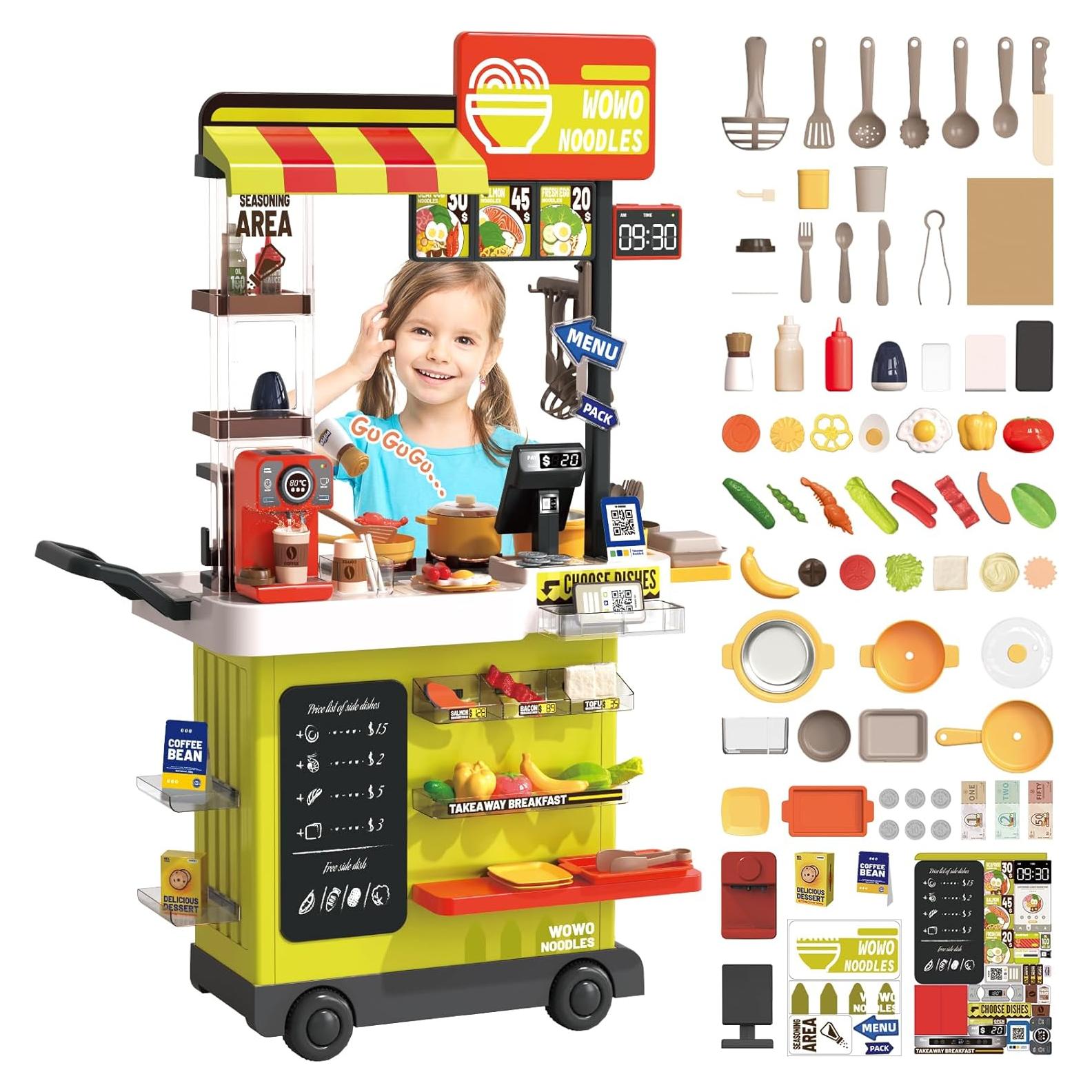 deAO Kids Kitchen Playset 88PCS Fast Food Shop Kitchen Toy Set with Cashier Register, Color Changing Play Food, Gifts for Girls Boys Aged 3-12 Years