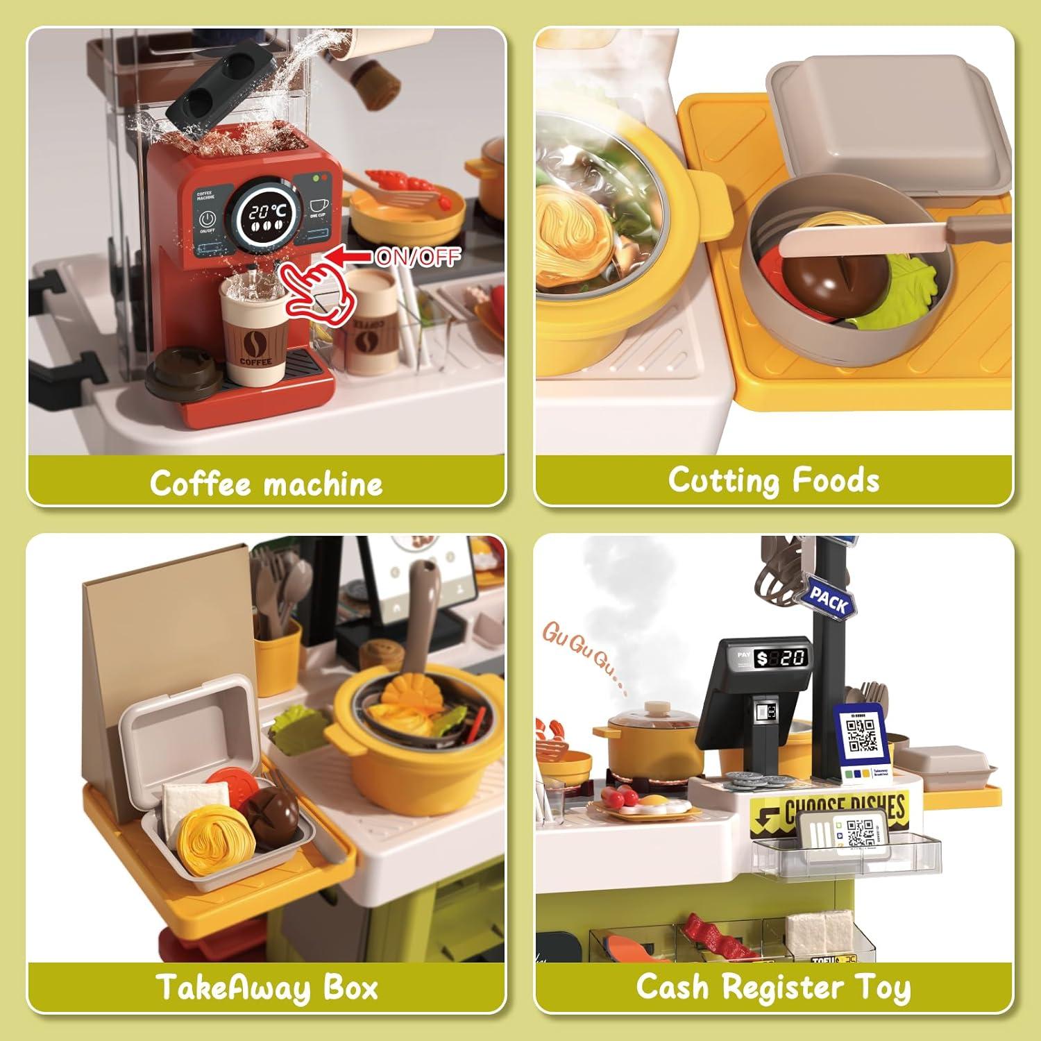 deAO Kids Kitchen Playset 88PCS Fast Food Shop Kitchen Toy Set with Cashier Register, Color Changing Play Food, Gifts for Girls Boys Aged 3-12 Years