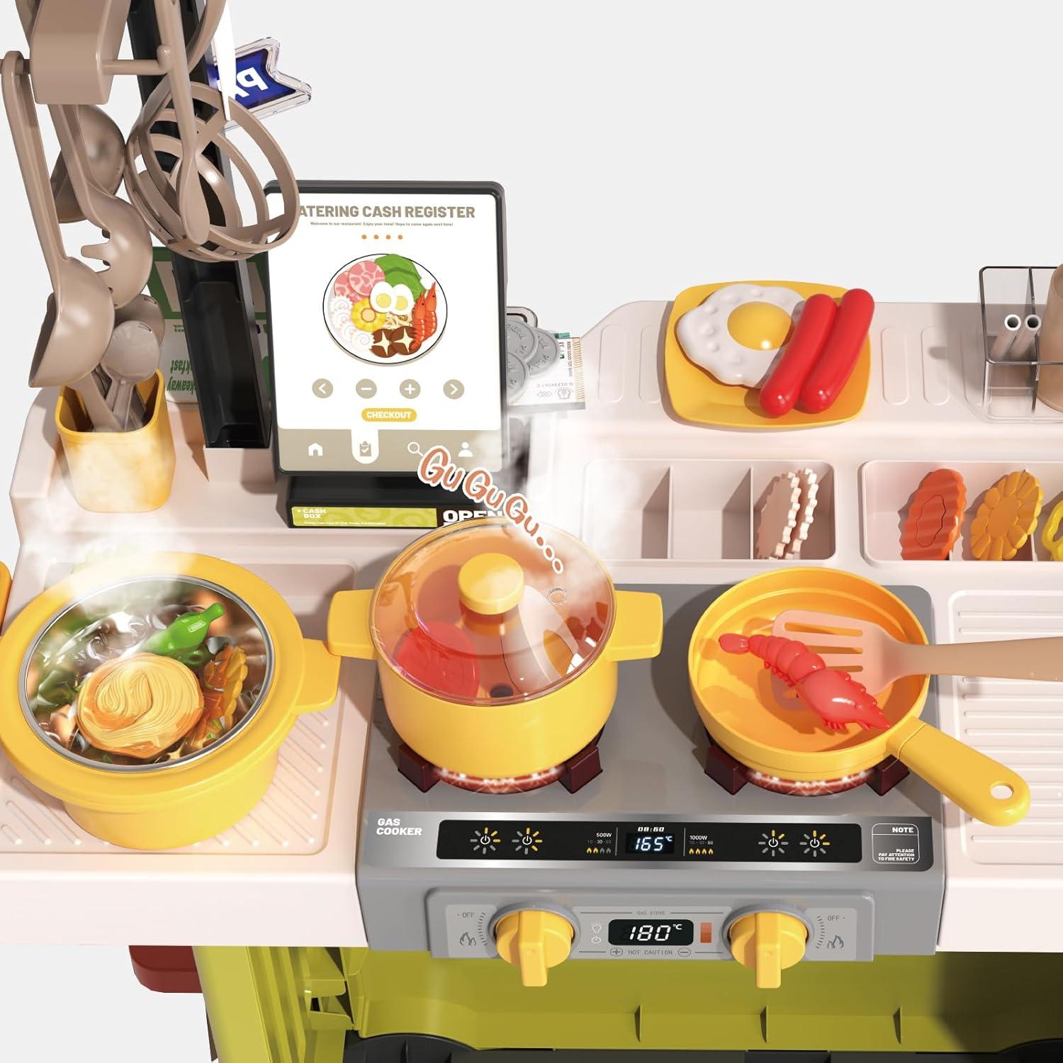 deAO Kids Kitchen Playset 88PCS Fast Food Shop Kitchen Toy Set with Cashier Register, Color Changing Play Food, Gifts for Girls Boys Aged 3-12 Years