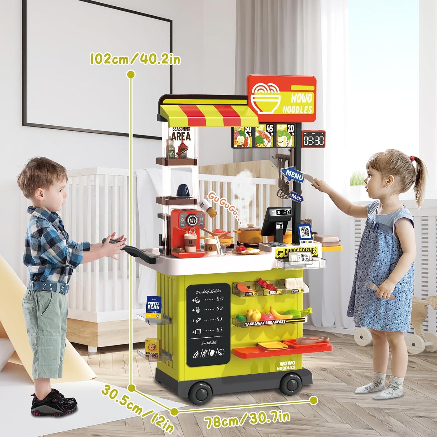 deAO Kids Kitchen Playset 88PCS Fast Food Shop Kitchen Toy Set with Cashier Register, Color Changing Play Food, Gifts for Girls Boys Aged 3-12 Years