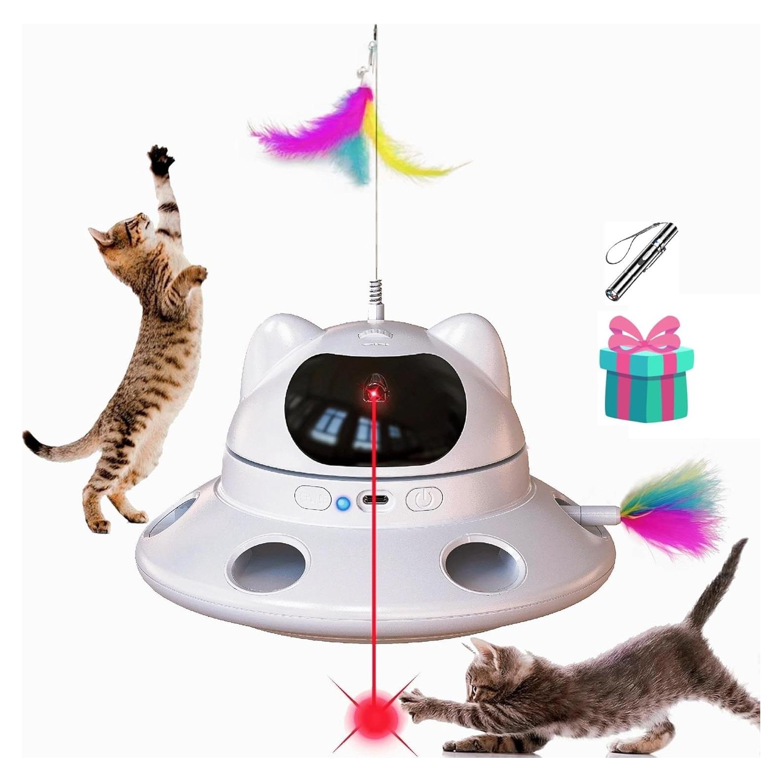 Juguete Interactivo para Gatos 3-en-1 - Laser y Pluma - USB