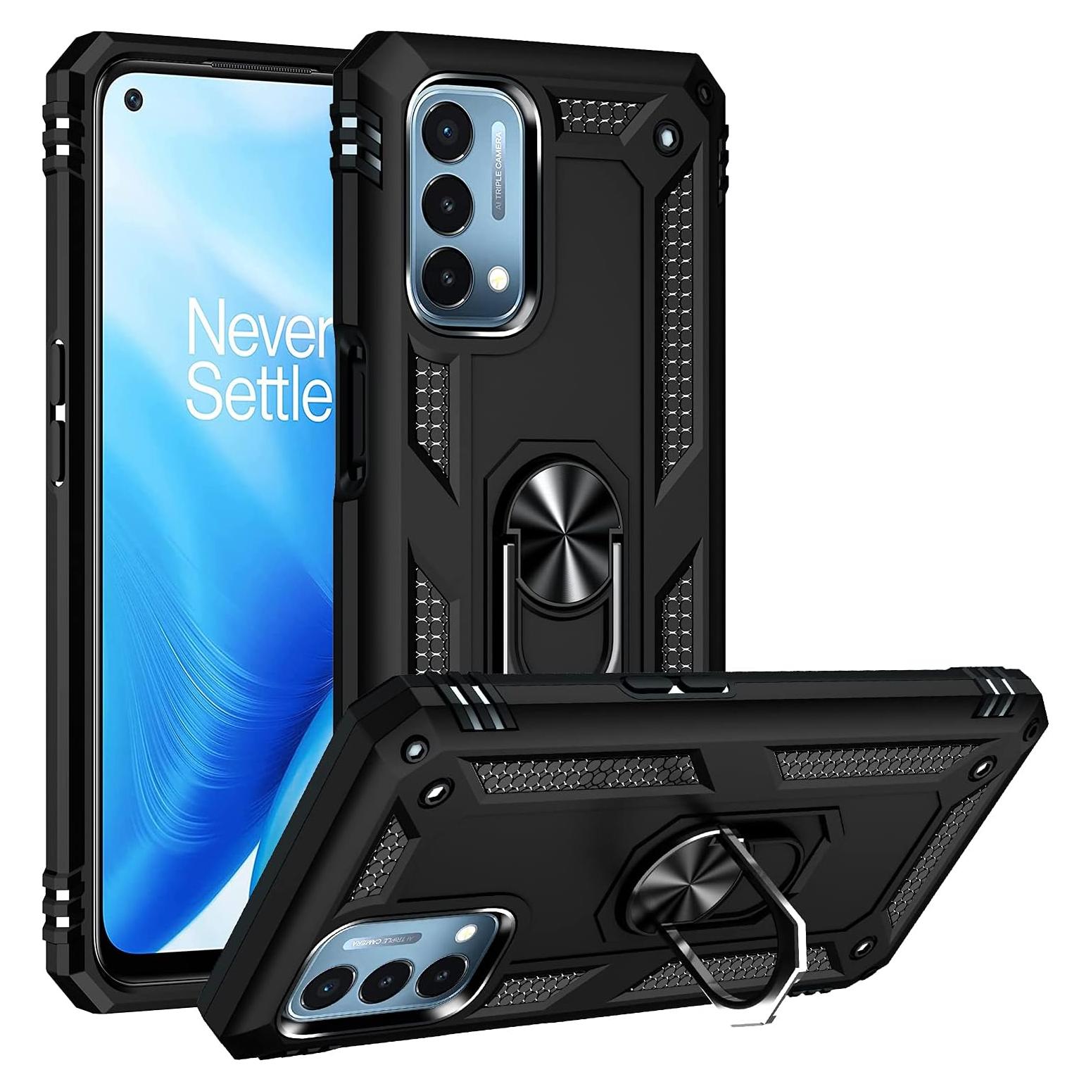 Military Grade Drop Impact Case for Oneplus Nord N200 5G, Heavy Duty Shockproof 360 Metal Rotating Ring Kickstand Holder Armor Case (Black)