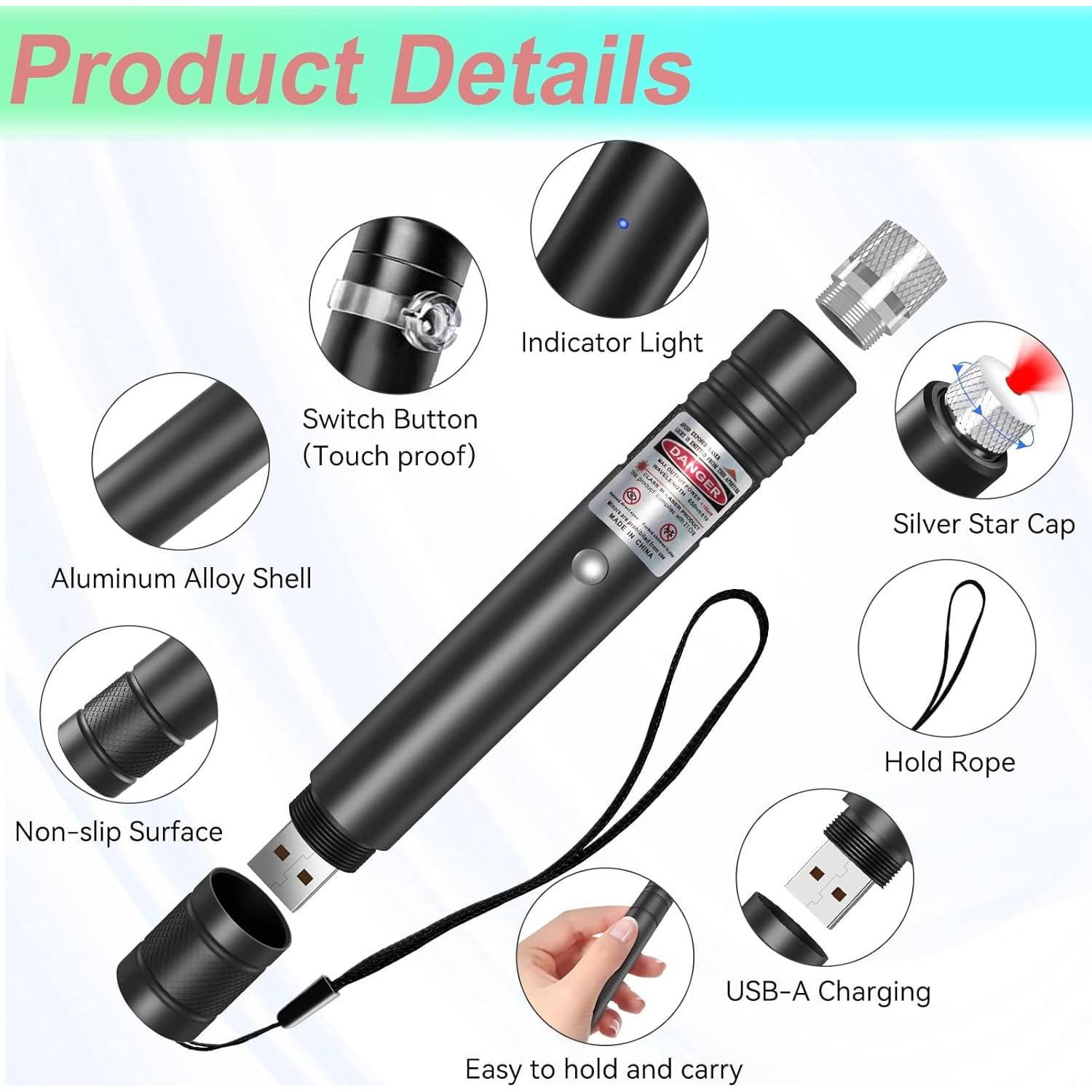 Puntero Láser Rojo Recargable NHOEBICK 609.6m para Gatos