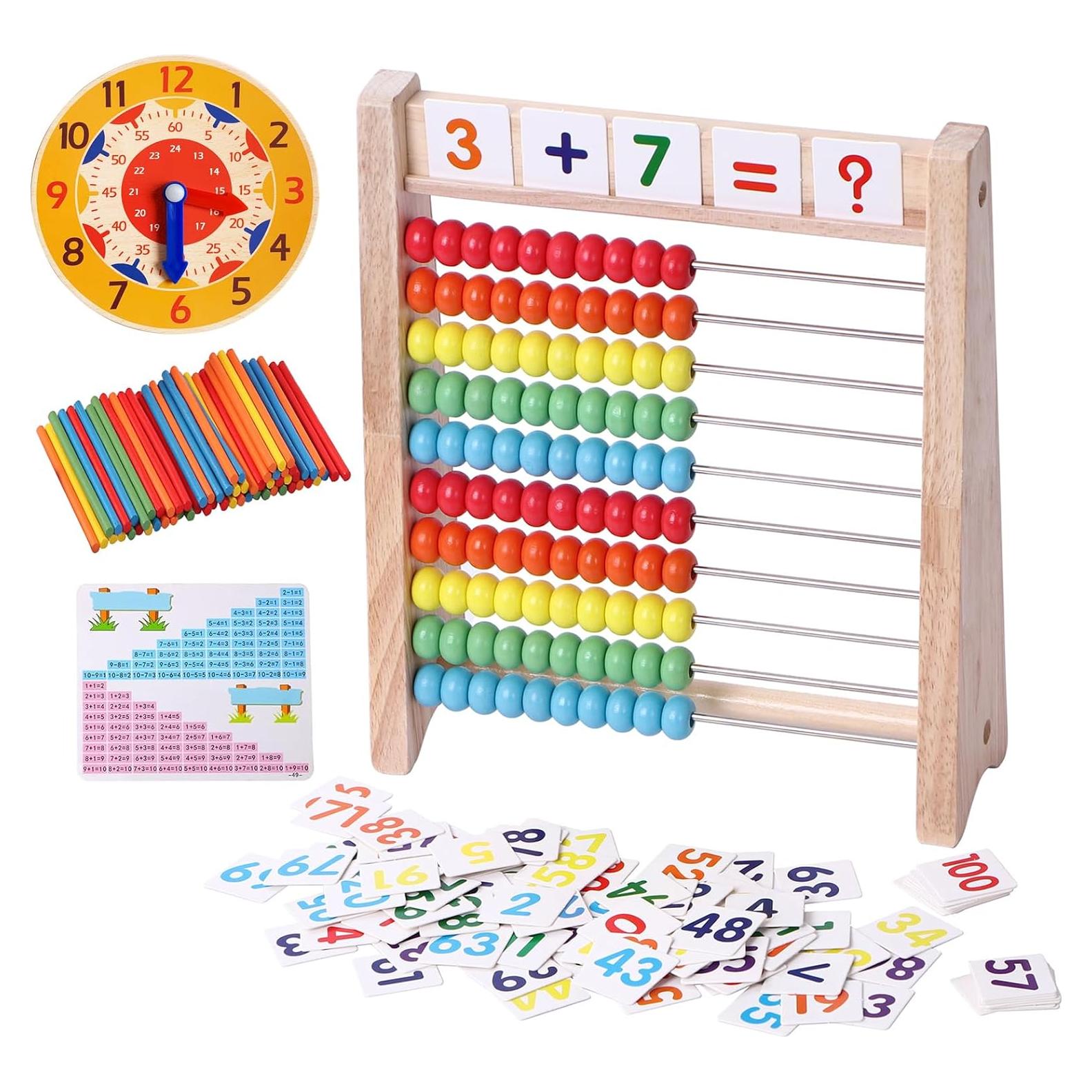 Ábaco de Madera Flzoaveus con Reloj de Aprendizaje y 100 Palitos