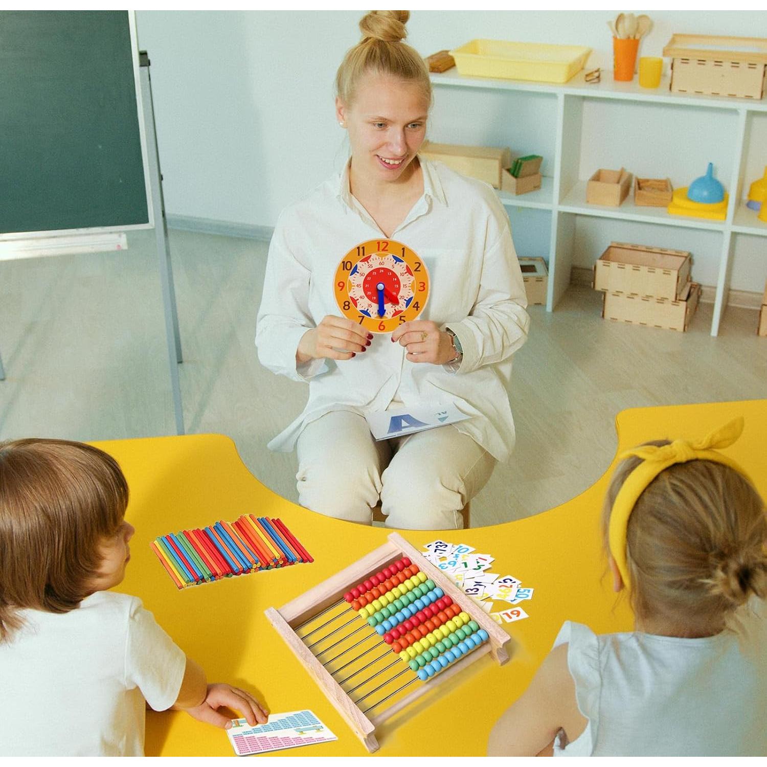 Ábaco de Madera Flzoaveus con Reloj de Aprendizaje y 100 Palitos