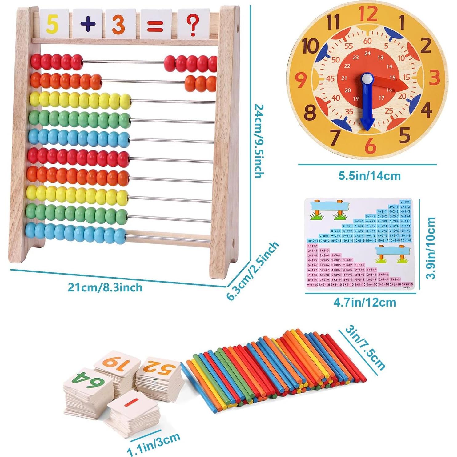 Ábaco de Madera Flzoaveus con Reloj de Aprendizaje y 100 Palitos