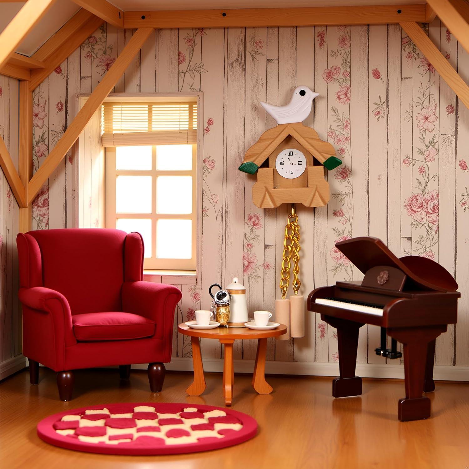 Reloj de Cuco Miniatura de Madera Jowxsx 1/12 para Casa de Muñecas