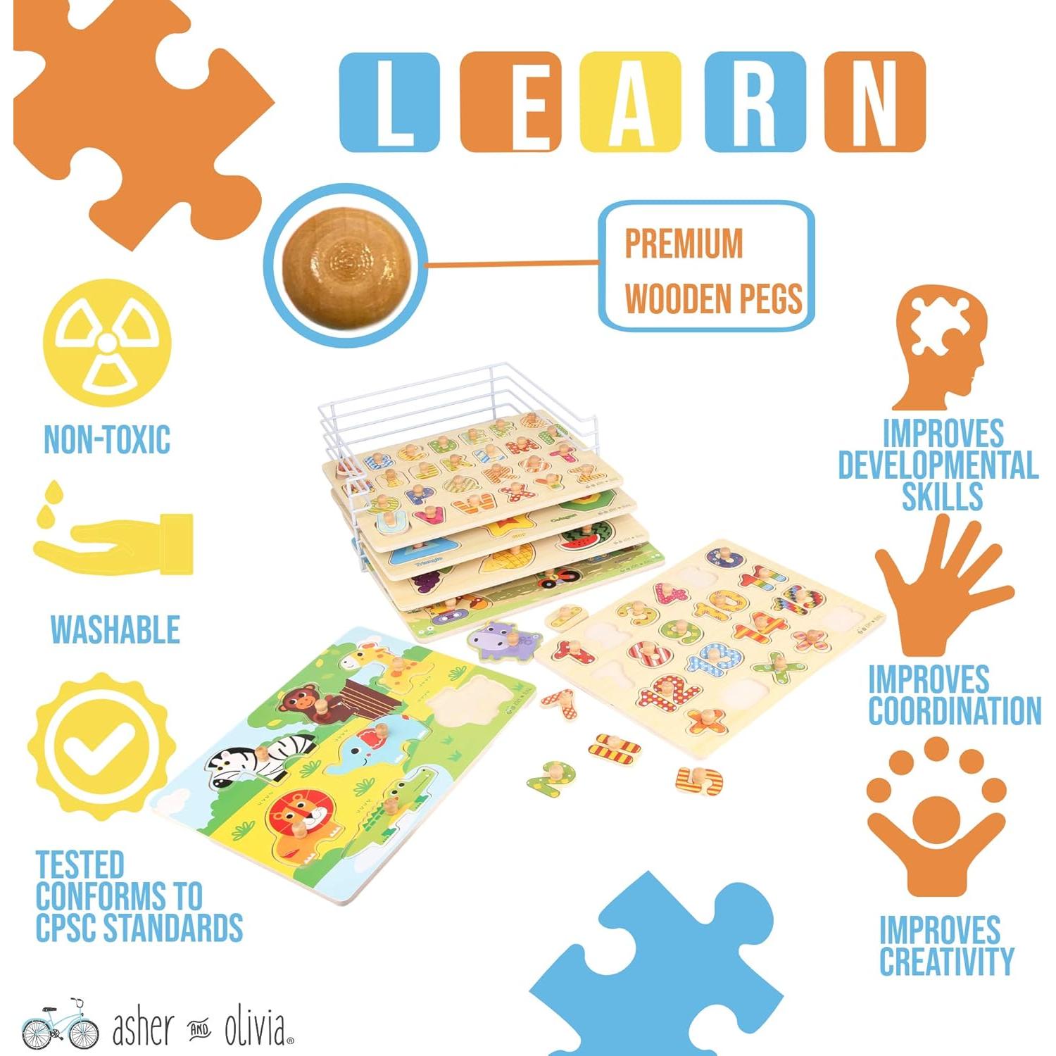 Rompecabezas de Madera Asher y Olivia - 6 Temas + Estante