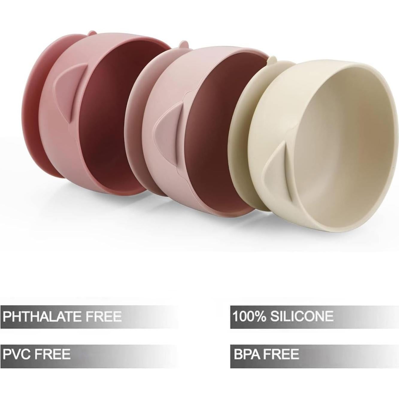 Tazones de Silicona PandaEar 3 Piezas con Succión Rosa Lino