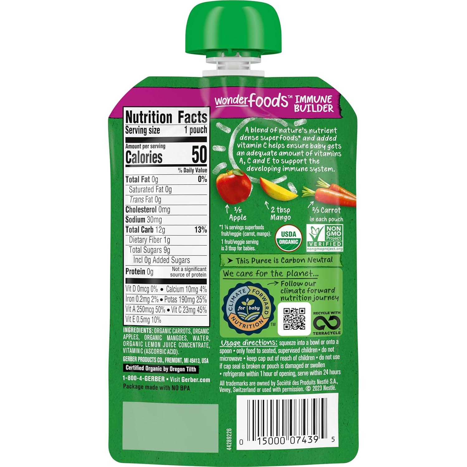 Pouches de Comida para Bebés Orgánica Gerber 2da Comida Zanahoria Manzana Mango 12x99g