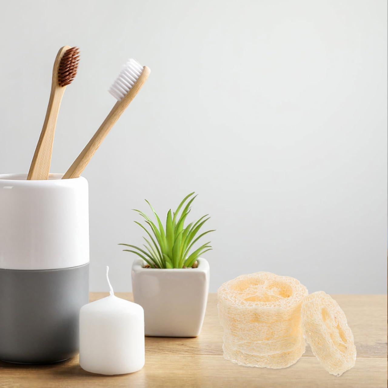 GLEAVI 5Pcs Loofah Soap Holder Pads - Natural Exfoliating Scrubber for Shower, Bathroom Soap Organizer, Plastic Dish, Beige, 2.75X2.75X0.49In