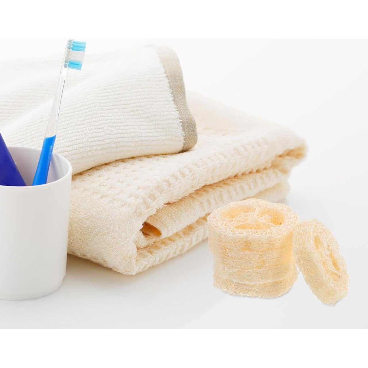 GLEAVI 5Pcs Loofah Soap Holder Pads - Natural Exfoliating Scrubber for Shower, Bathroom Soap Organizer, Plastic Dish, Beige, 2.75X2.75X0.49In