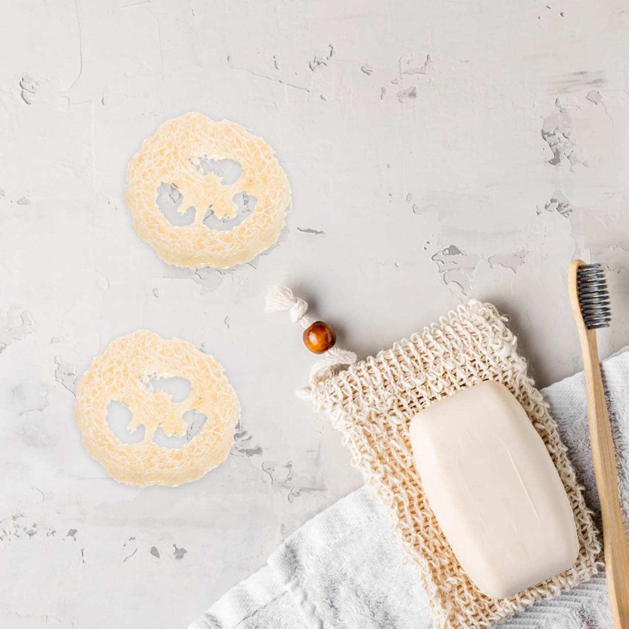 GLEAVI 5Pcs Loofah Soap Holder Pads - Natural Exfoliating Scrubber for Shower, Bathroom Soap Organizer, Plastic Dish, Beige, 2.75X2.75X0.49In