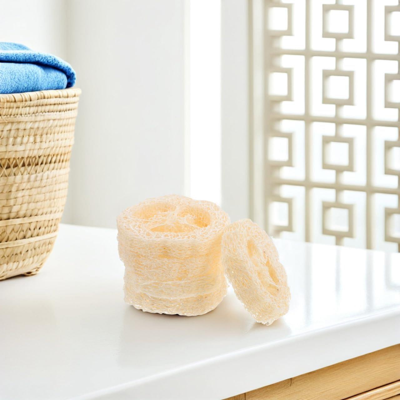 GLEAVI 5Pcs Loofah Soap Holder Pads - Natural Exfoliating Scrubber for Shower, Bathroom Soap Organizer, Plastic Dish, Beige, 2.75X2.75X0.49In