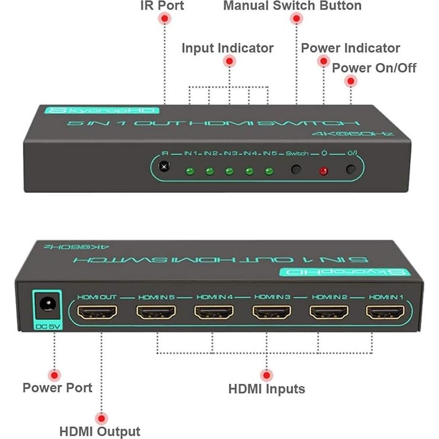Interruptor HDMI SkycropHD 4K 5 en 1 con Control Remoto