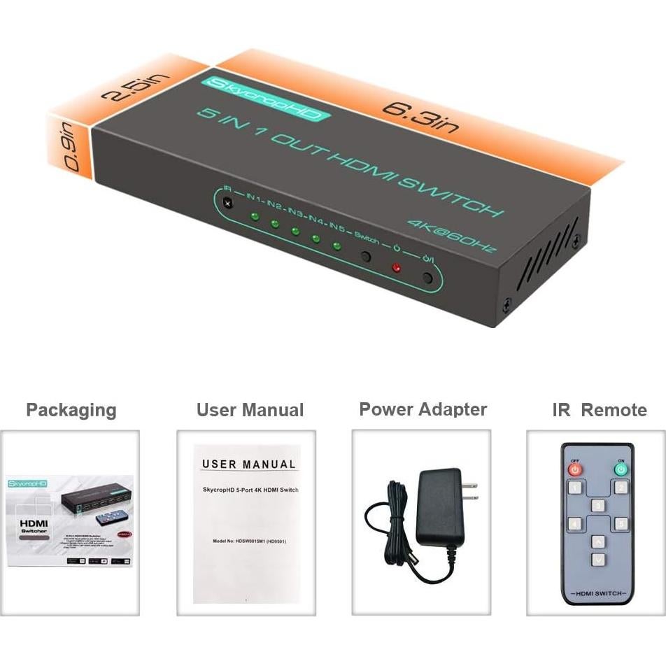 Interruptor HDMI SkycropHD 4K 5 en 1 con Control Remoto