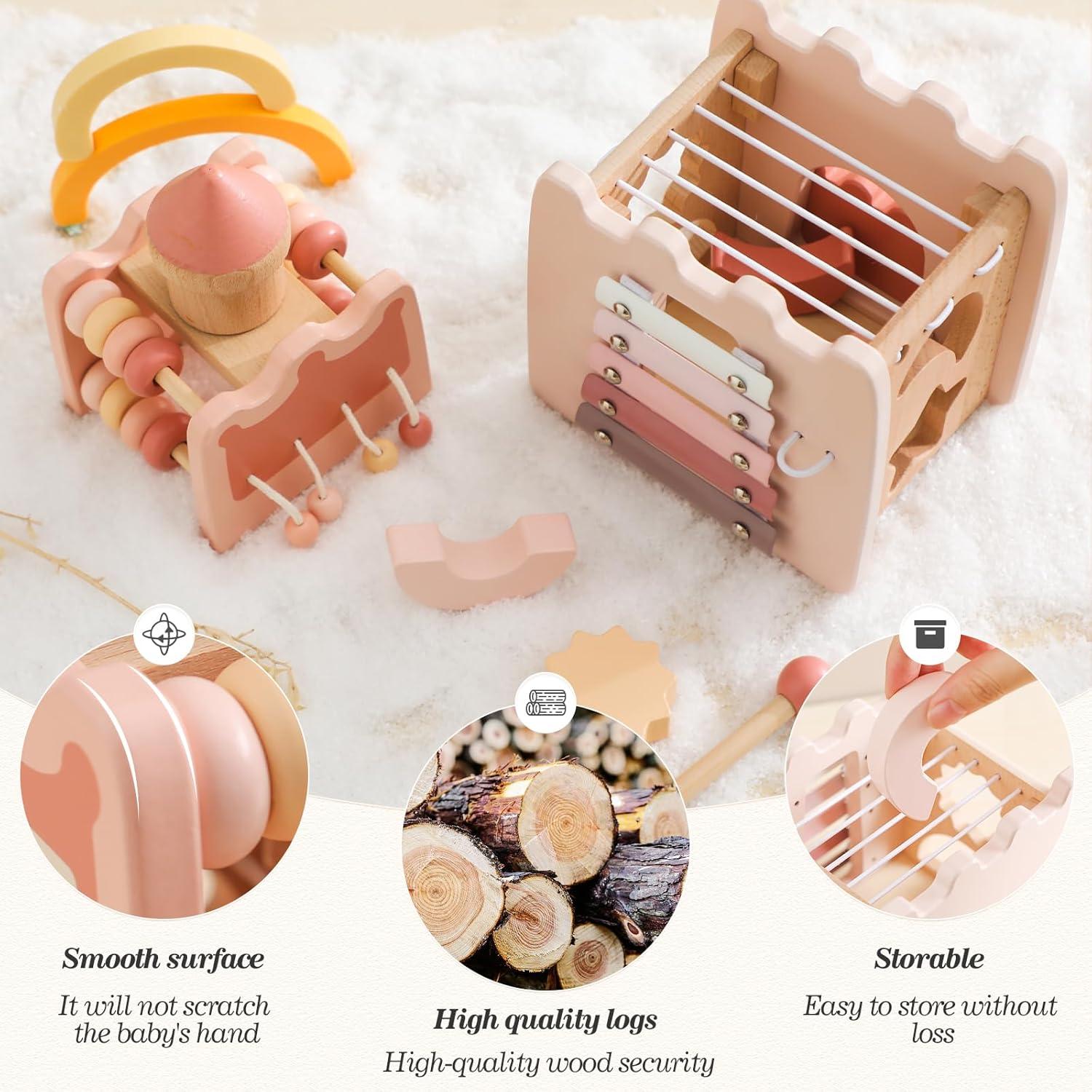 Cubo de Actividad de Madera 5 en 1 Wooden Teether para Bebés