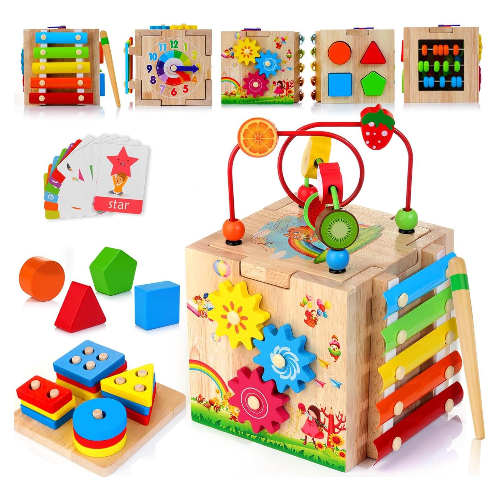 Cubo de Actividad de Madera 8 en 1 HELLOWOOD Rosa Claro