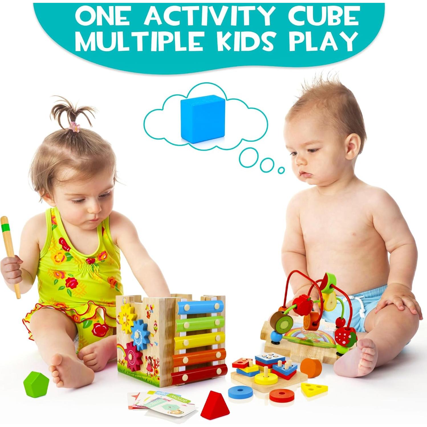 Cubo de Actividad de Madera 8 en 1 HELLOWOOD Rosa Claro