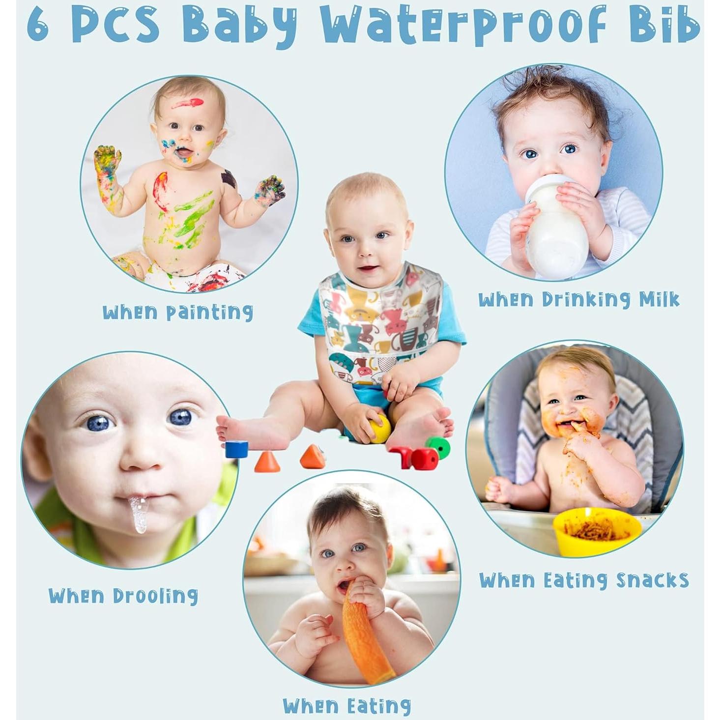 Conjunto de 6 Baberos Impermeables 2ooya para Bebés 6-12 Meses