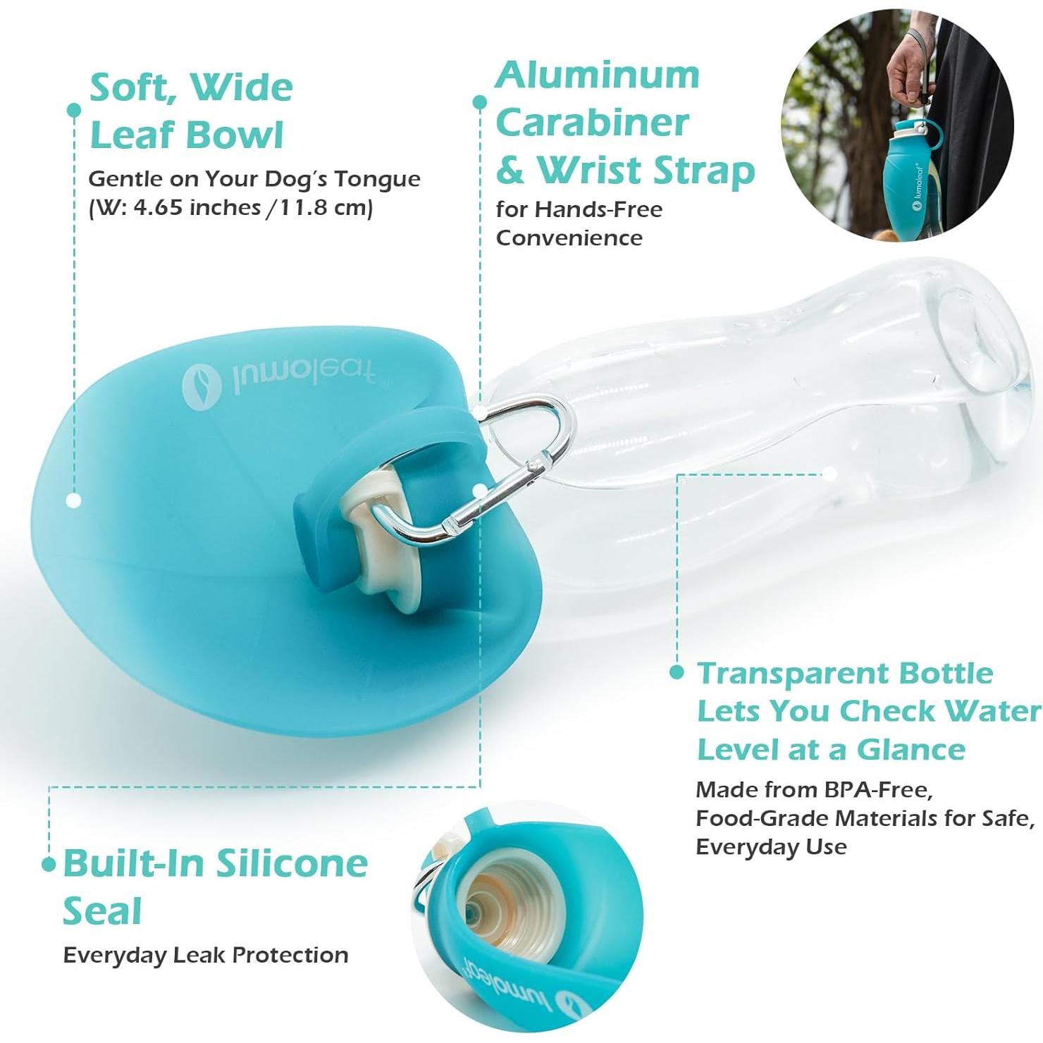 Botella de Agua LumoLeaf 591 ml para Perros con Tazón Plegable