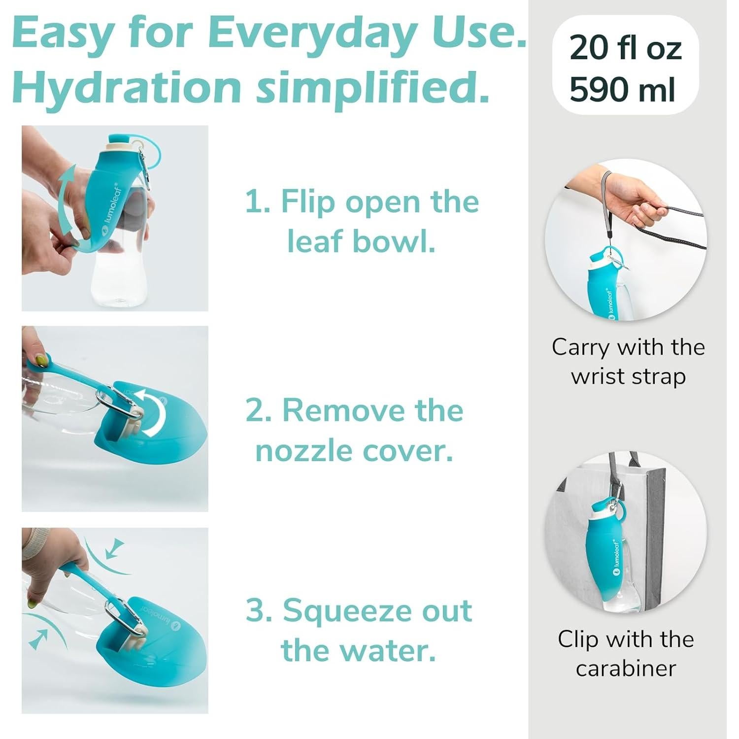 Botella de Agua LumoLeaf 591 ml para Perros con Tazón Plegable