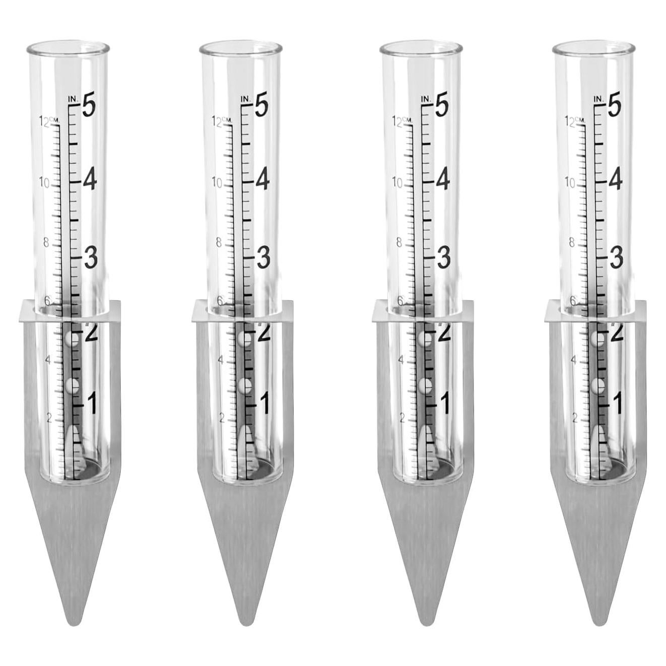 Juego de 4 Medidores de Lluvia Plástico Transparente con Soporte Acero Inoxidable