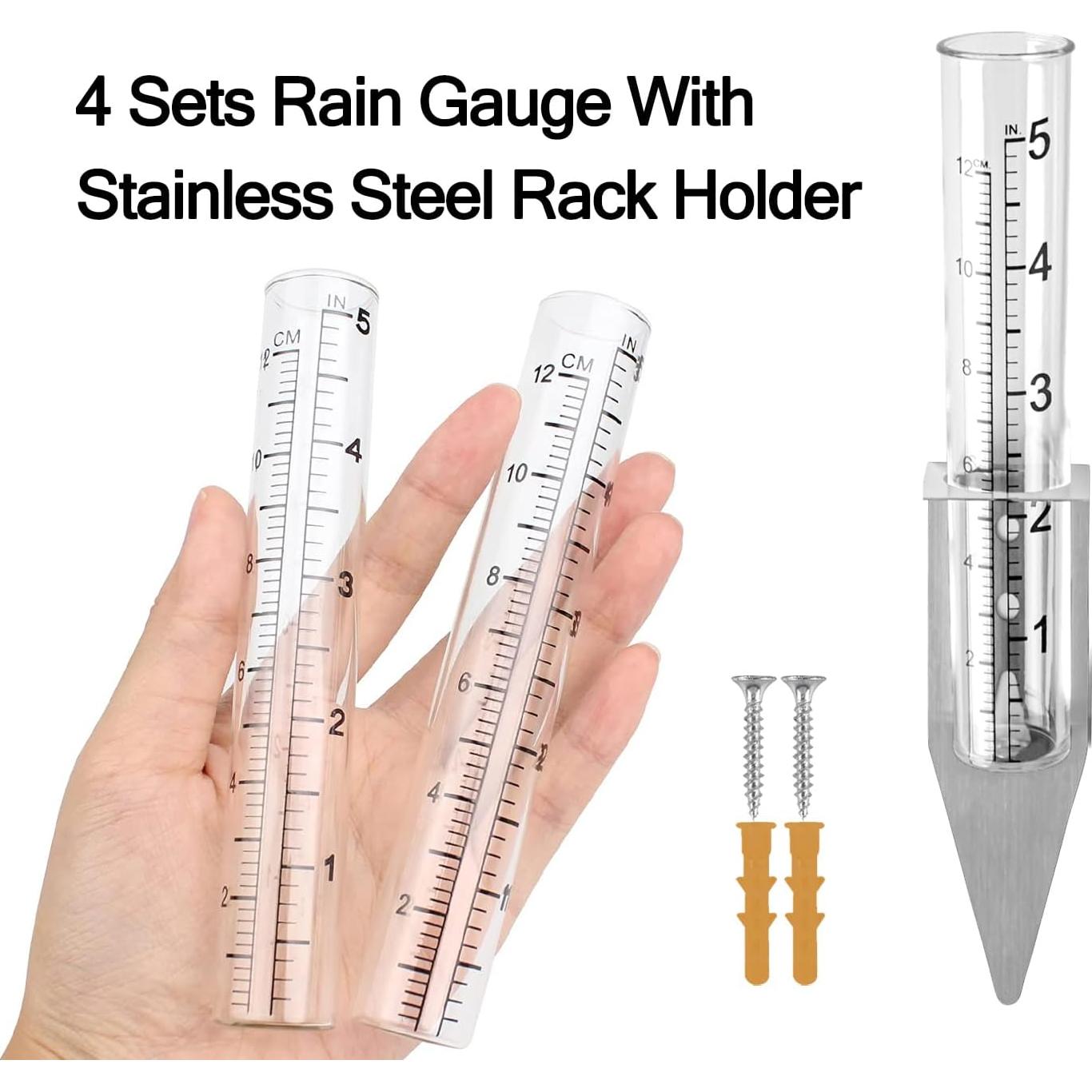 Juego de 4 Medidores de Lluvia Plástico Transparente con Soporte Acero Inoxidable