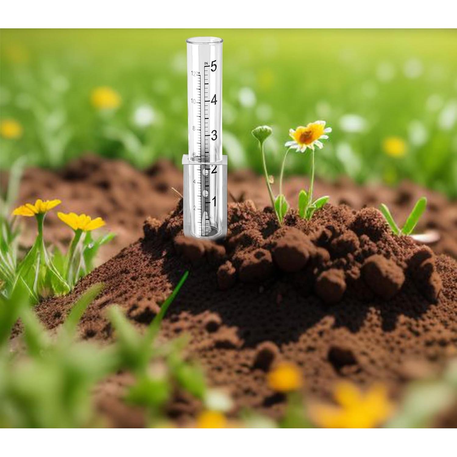 Juego de 4 Medidores de Lluvia Plástico Transparente con Soporte Acero Inoxidable