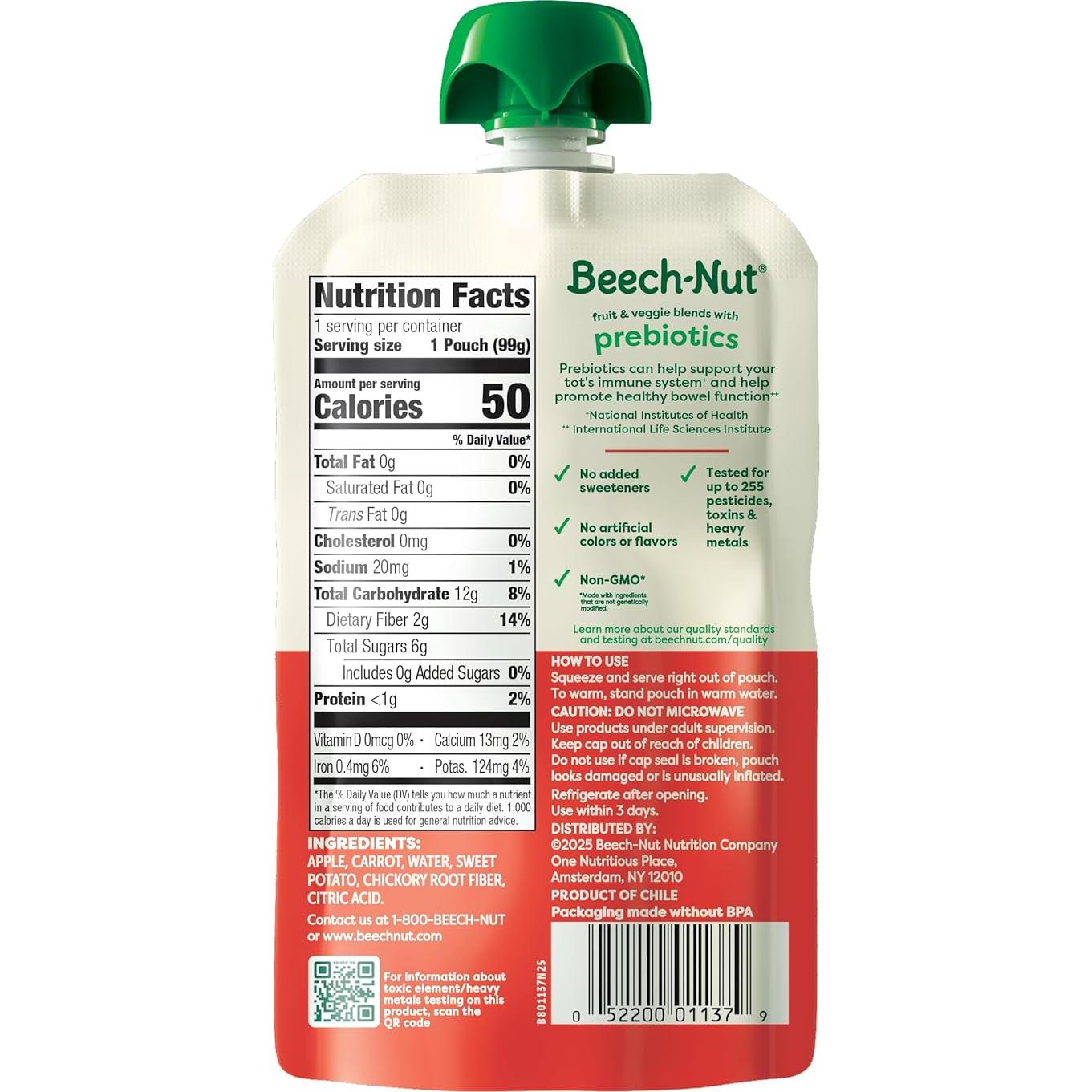 Beech-Nut Comida para Bebés 12 Bolsitas Zanahoria Manzana Batata