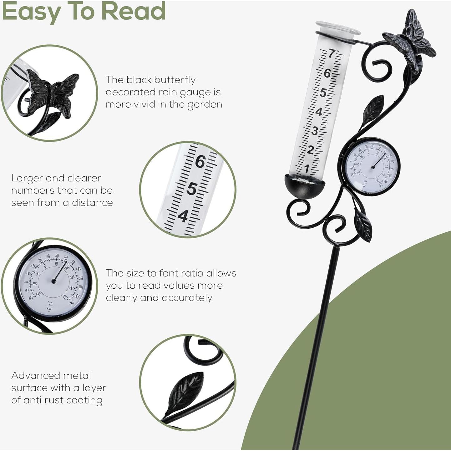 Pluviómetro Exterior Voumsil con Mariposa Negra y Termómetro
