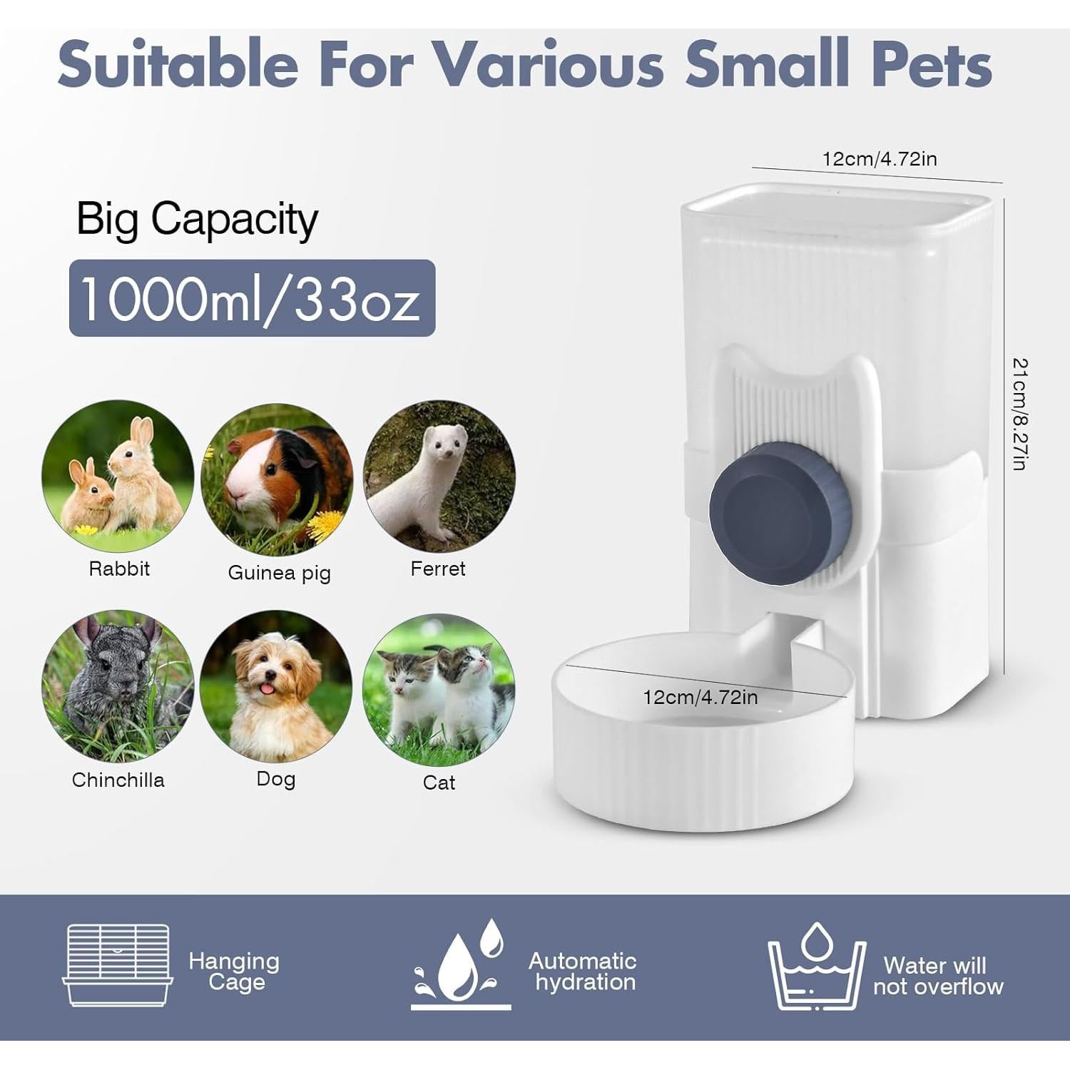 Botella de Agua Colgante para Conejos GLYVIAN 975ml Gris