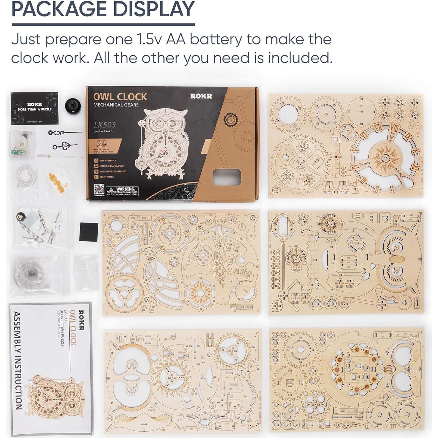 Rompecabezas 3D ROKR Reloj Búho de Madera DIY 160 Piezas