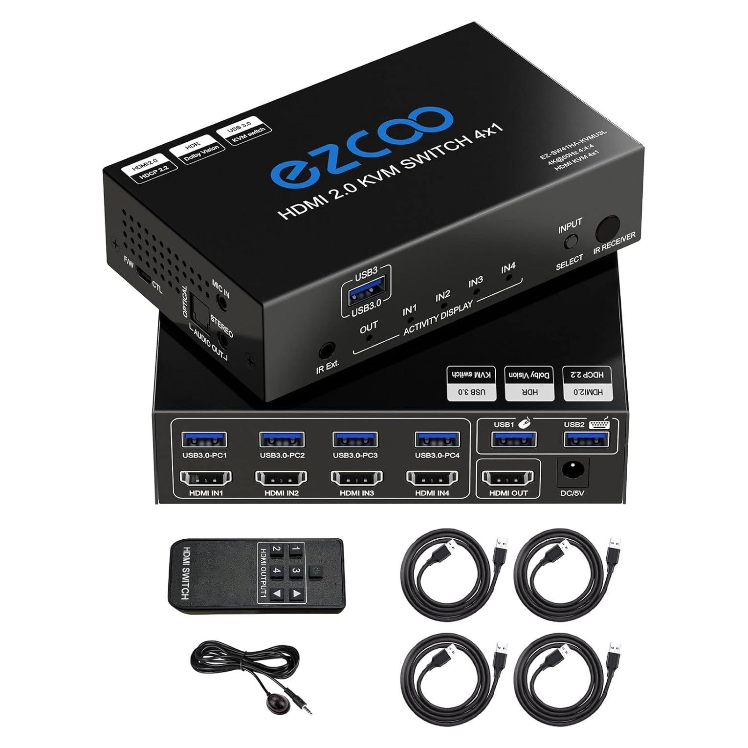 Interruptor KVM HDMI 4x1 EZCOOTECH 4 Puertos USB 3.0 4K 60Hz