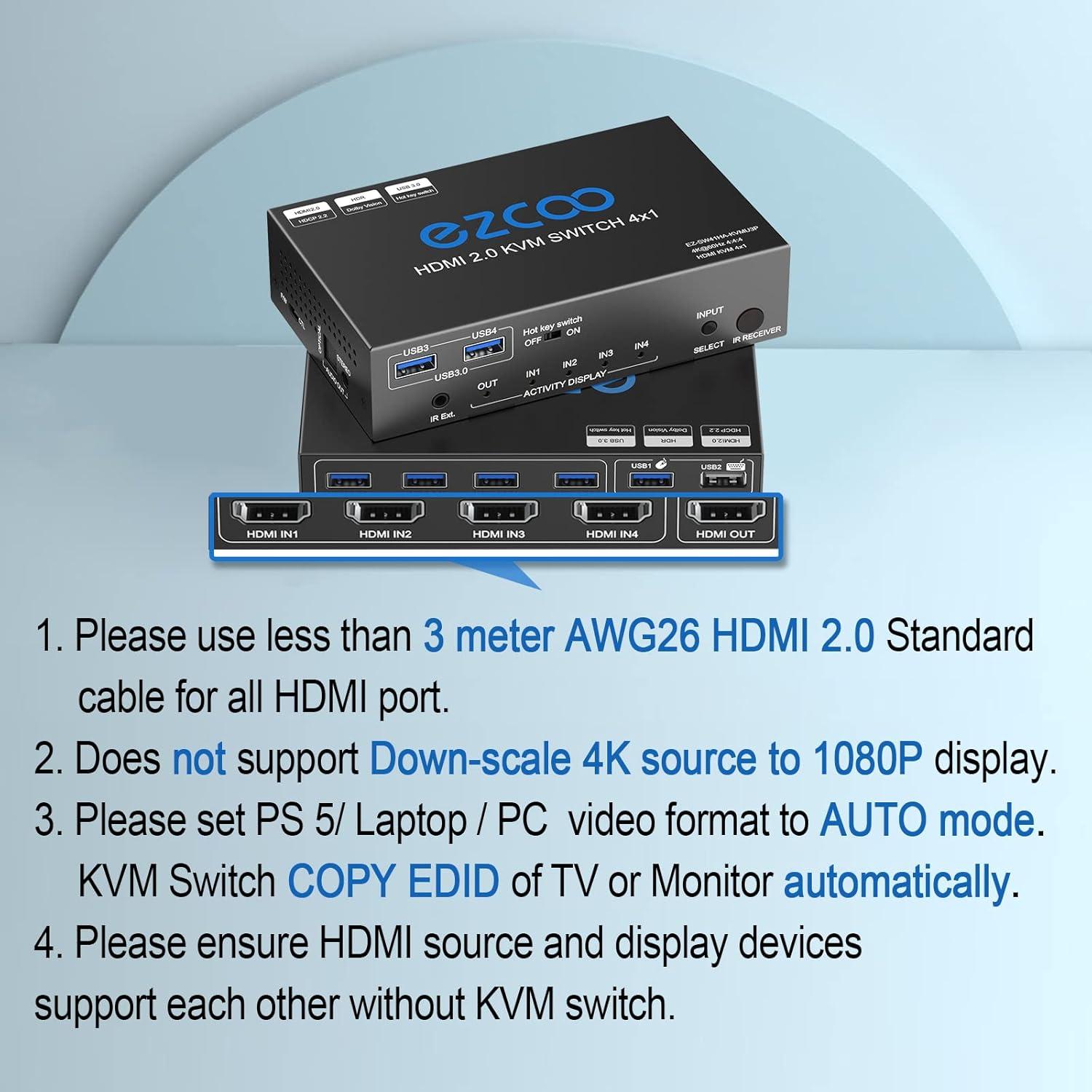 Interruptor KVM HDMI 4x1 EZCOOTECH 4 Puertos USB 3.0 4K 60Hz